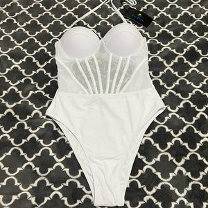 White one piece mesh panel, Corset detail bathing suit with padded cups